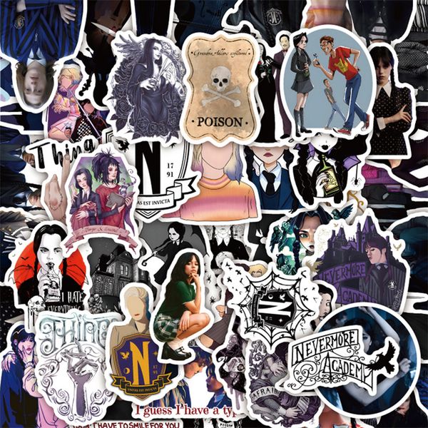 

52pcs the tv show wednesday addams stickers jenna ortega graffiti stickers for diy luggage lapskateboard motorcycle bicycle stickers