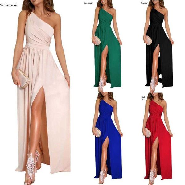 

solid color one shoulder hollow out halter high waist slit maxi dress womens clothing, Black;gray