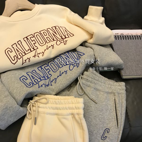 

women s tracksuits winter thickened fleece high street pant sets american letter print two piece womens outifits korean fashion loose casual, Gray