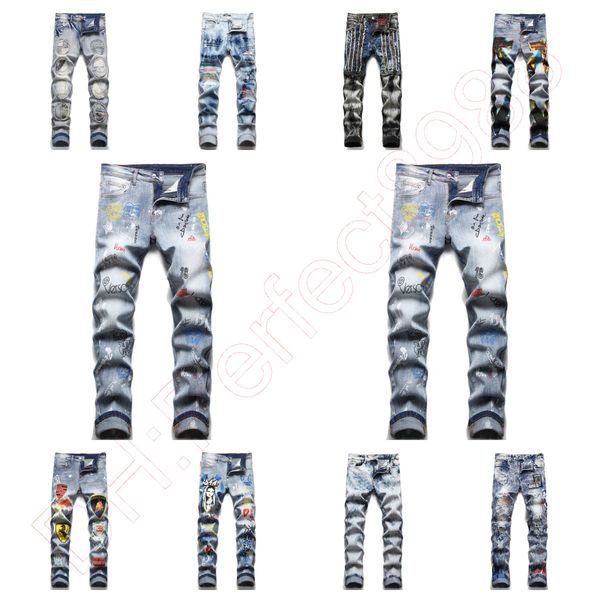 

new jeans chino pants pant men's trousers stretch close-fitting slacks washed straight skinny embroidery patchwork ripped mens trend br, Blue