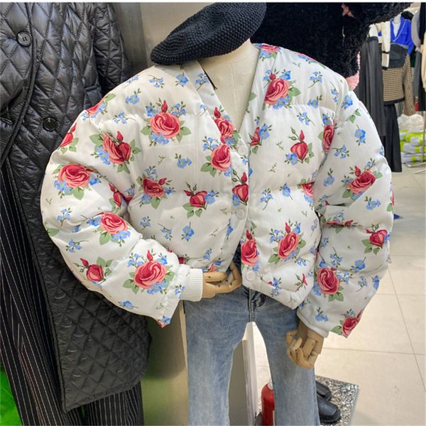 

women's down parkas korean chic fresh sweet floral print women winter jacket v neck single breasted loose short parka fashion casual co, Black