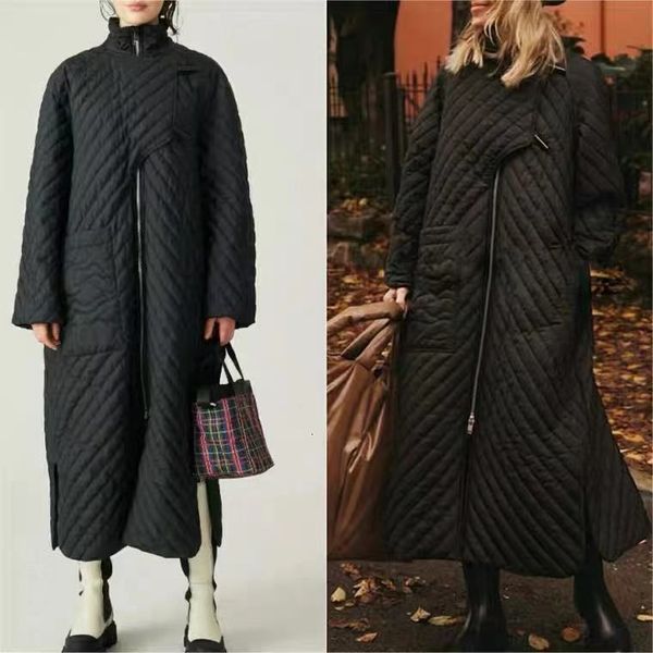 

women's down parkas autumn and winter high neck profile long parka coat cotton jacket women 230111, Black