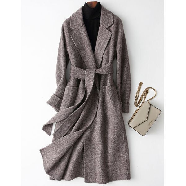 

women's knits tees spring autumn wool cashmere coat alpaca warm winter women lace up long woolen office lady slim female overcoat 23011, White