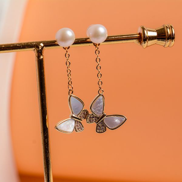 

freshwater pearl earrings shell butterfly pendant ear studs lady/girl fashion jewelr, Golden;silver