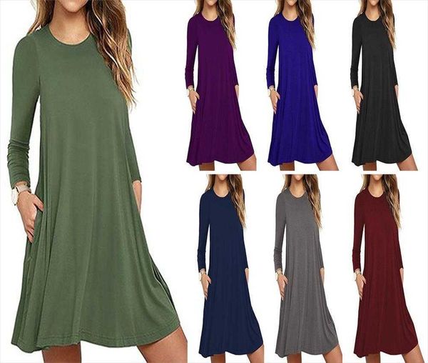 

autumn and winter dress solid color round neck large swing pocket, Black;gray