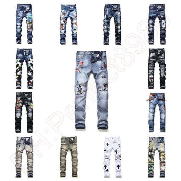 

new jeans chino pants pant men's trousers stretch close-fitting slacks washed straight skinny embroidery patchwork ripped mens trend br, Blue