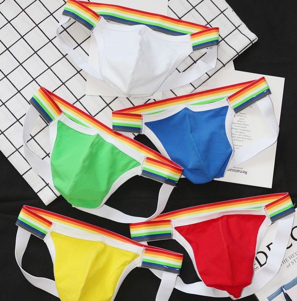 

mascot costumes men's fitness exercise hip lifting low waist cotton sportsman underwear rainbow t-back gay camis, Red;yellow