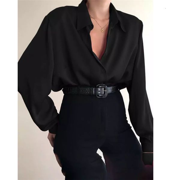 

women s blouses shirts fashion autumn shirt lapel long sleeve solid black red ladies for female clothing 230112, White