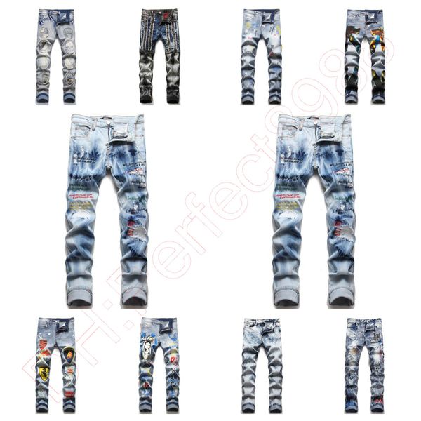 

new jeans chino pants pant men's trousers stretch close-fitting slacks washed straight skinny embroidery patchwork ripped mens trend br, Blue