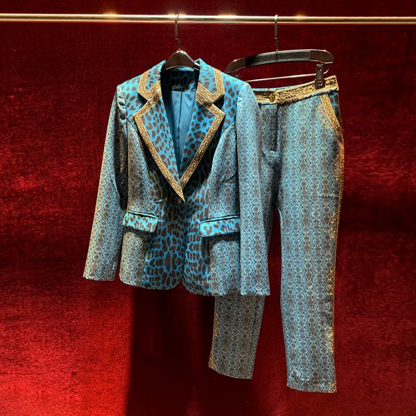 

two piece pants european and american women's wear for winter 2022 long-sleeved blue leopard print jacket cropped trousers fashion suit, White