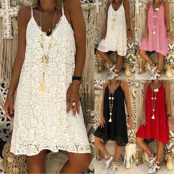 

womens summer solid dress color sleeveless v neck strap lace loose, Black;gray