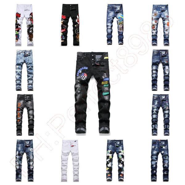

new jeans chino pants pant men's trousers stretch close-fitting slacks washed straight skinny embroidery patchwork ripped mens trend br, Blue