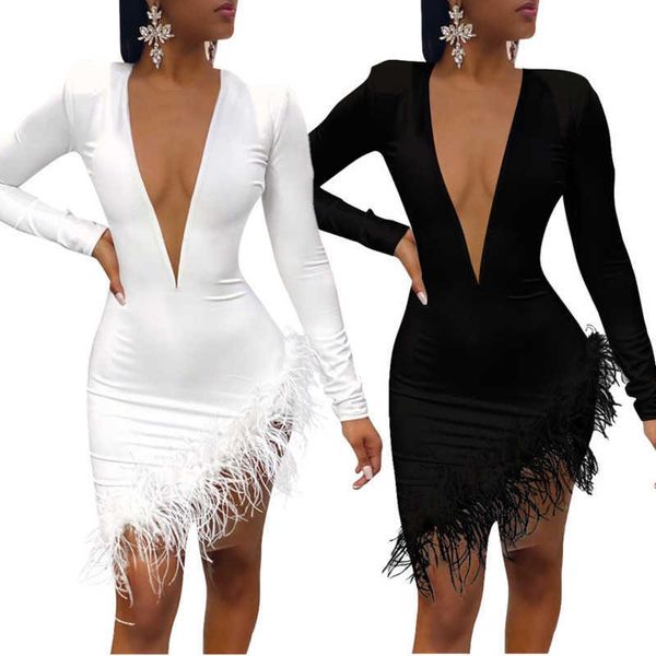 

2023 designer womens dresses feather mesh stitched fashion long sleeve v-neck dress, Black;gray