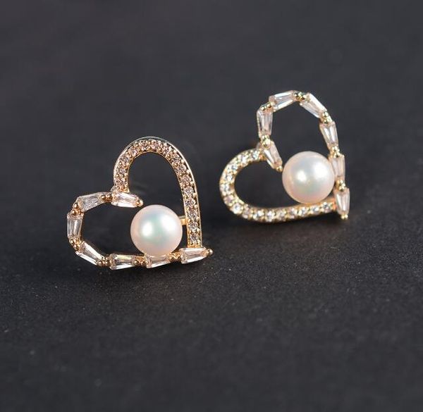 

freshwater pearl earrings s925 silver needle crystal love ear studs lady/girl fashion jewelr, Golden;silver