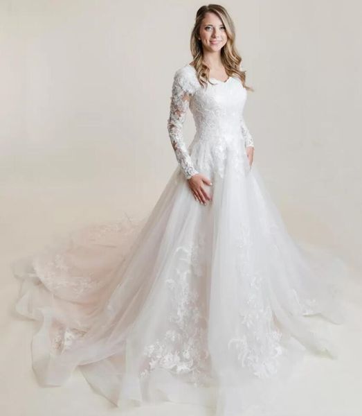 

lace applique tulle modest a-line wedding dresses with long sleeves sweetheart neckline buttons back country western bridal gowns, White