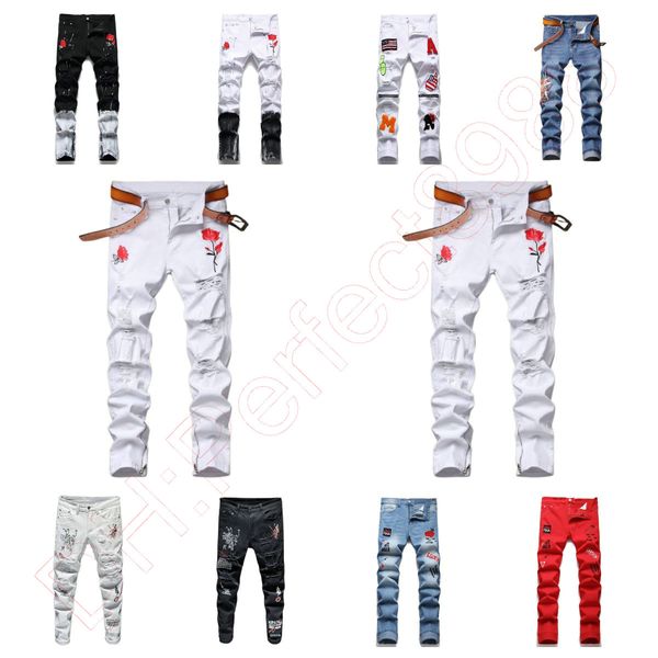 

new jeans chino pants pant men's trousers stretch close-fitting slacks washed straight skinny embroidery patchwork ripped mens trend br, Blue