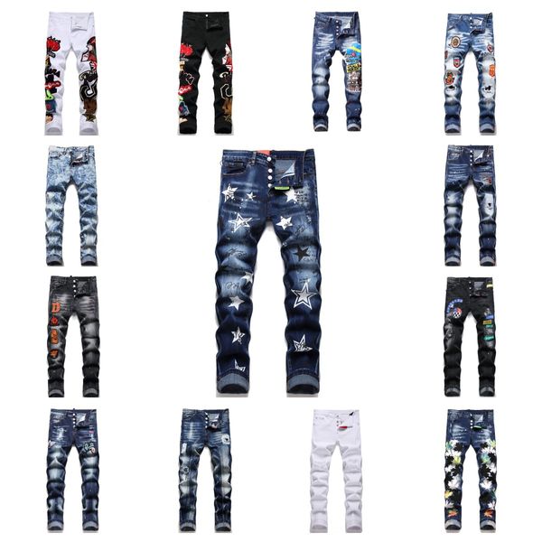

new jeans chino pants pant men's trousers stretch close-fitting slacks washed straight skinny embroidery patchwork ripped mens trend br, Blue