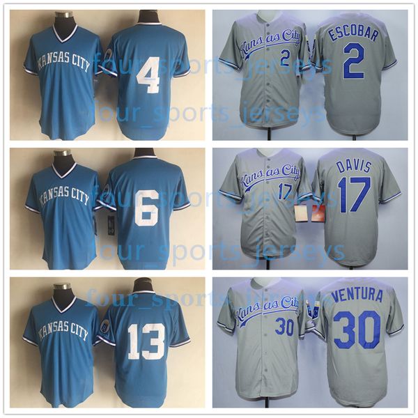 

retro baseball jerseys escobar gordon lorenzo cain salvador perez wade davis yordano ventura eric hosmer volquez size s--6xl, Blue;black