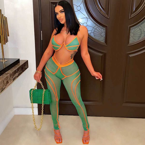 

two piece dress echoine sheer mesh contrast stitch crop legging pants two piece set party night clubwear outfits street women clothing t2301, White