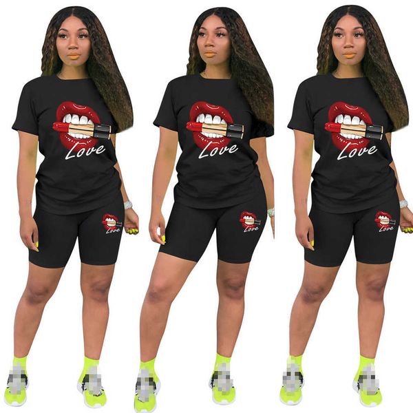 

two piece dress summer sets womens outfits o-neck short sets kiss lip funny soft t shirt lips watercolor graphic two piece set women t230113, White