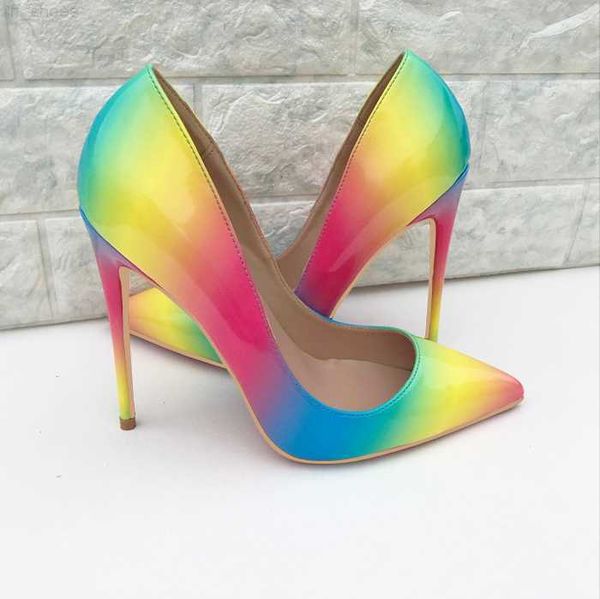 

2023 rainbow high heelscolorful rainbow printed pointed toe stiletto high heels woman lady female 12cm 10cm 8cm high heel shoes pump, Black