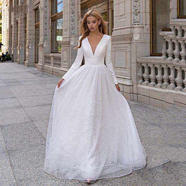 

2023 glitter tulle a line wedding dresses deep v neck backless bridal gowns for women with long sleeves sweep train, White