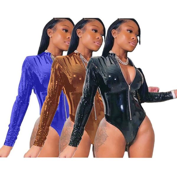 

wholesale pu leather bodysuits women long sleeve rompers spring autumn clothes one piece outfits casual skinny playsuits fashion streetwear, Black;white
