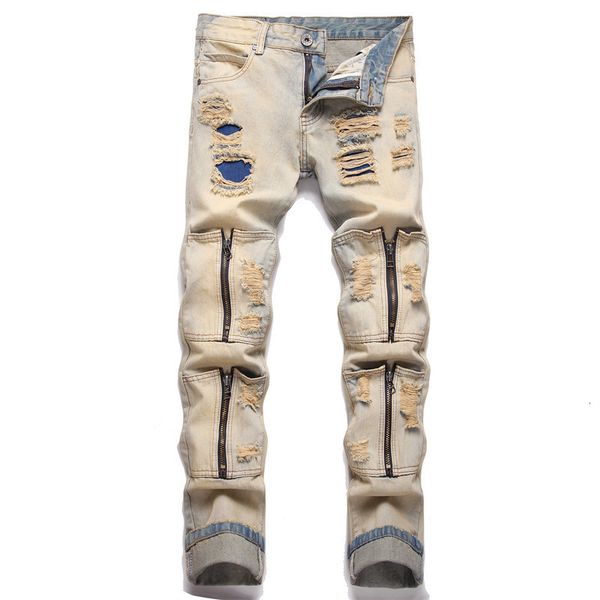 

men's jeans punk ripped fabric pencil pants multipocket zipper midwaist casual clothes 230113, Blue