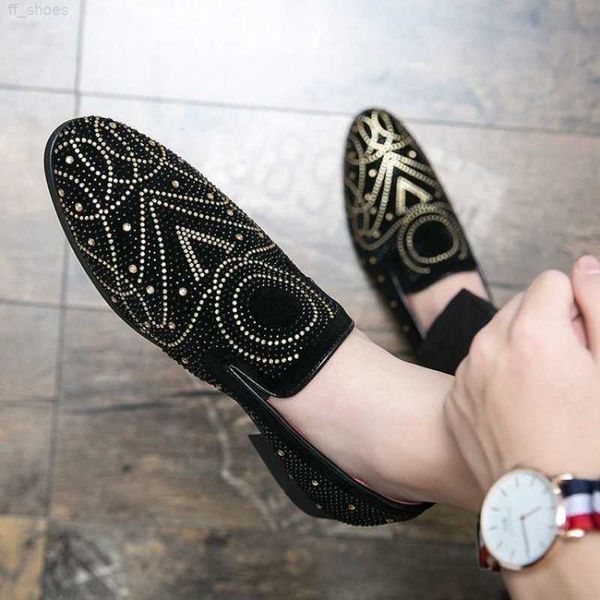 

2023 loafers men shoes imitation suede color matching pure handmade rhinestones classic trend youth pointed toe party banquet, Black