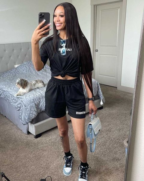 

two piece dress temperament commute solid color 2022 summer fashion casual letter print short-sleeve round-neck high waist shorts suit t2301, White