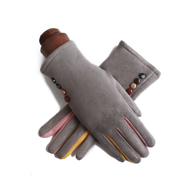 

fingerless gloves winter female single layer warm cashmere full finger button cycling mittens women suede leather touch screen driving glove, Blue;gray