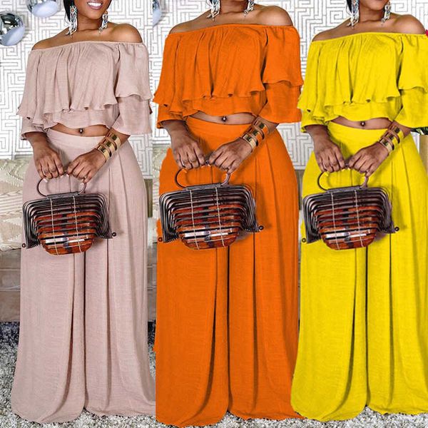 

two piece dress echoine off shoulder slash ruffle crop wide leg pants set elegant beach matching set two piece set outfits summer t230113, White