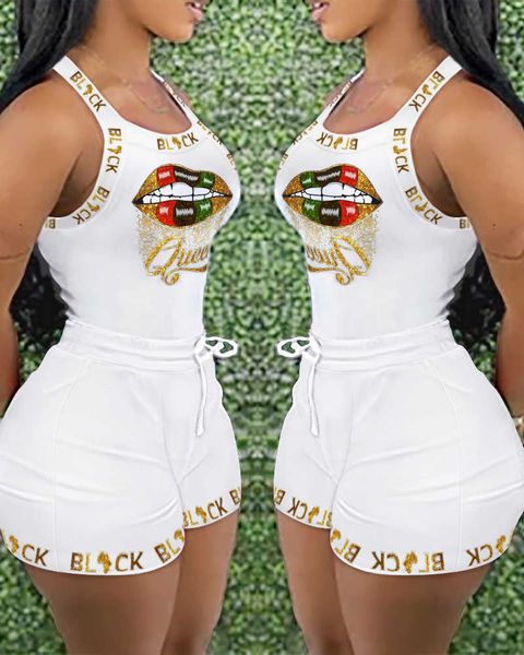 

two piece dress summer women two pieces set 2022 new femme casual lip letter print sleeveless tank drawstring shorts set lady clothing t2301, White