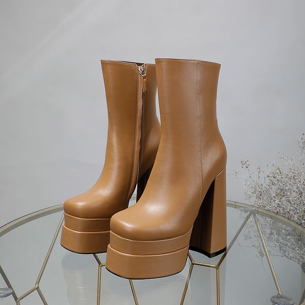 

round toe high heel short boots, double waterproof platform, classic fashion bare boots, cowhide upper, sheepskin lining, comfortable and we, Black