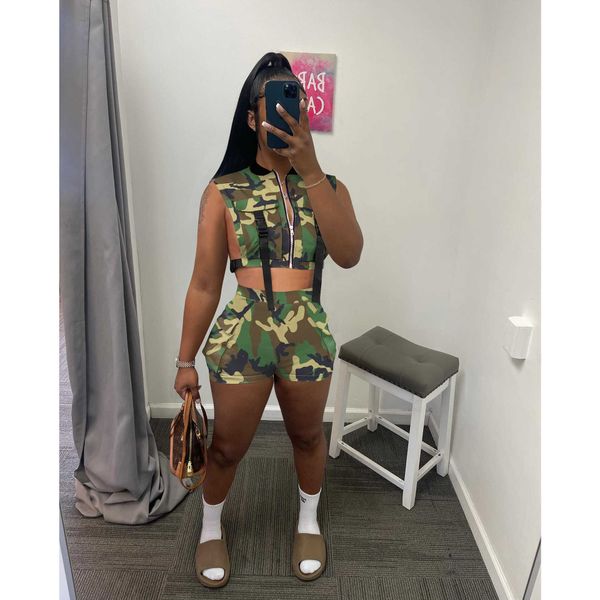 

two piece dress echoine side hollow out sleeveless tank and shorts green camo print pocket cargo two piece set summer fashion streetwear t23, White