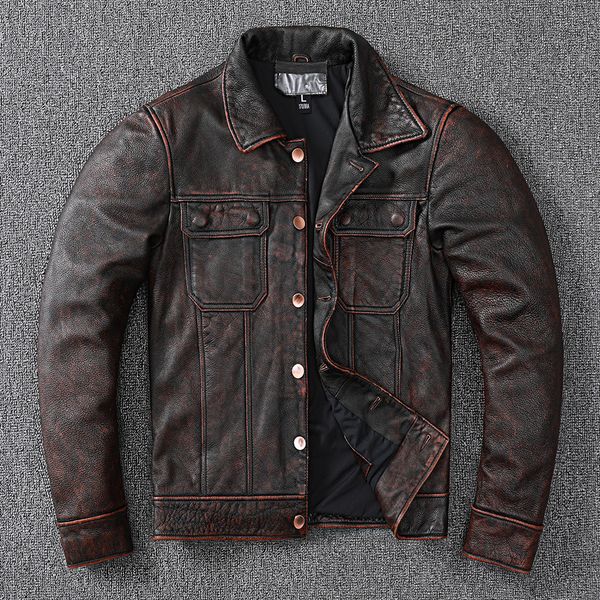 

men s leather faux vintage brown workwear style cowboy genuine jacket natural cowhide coat stone mill old clothes 230112, Black