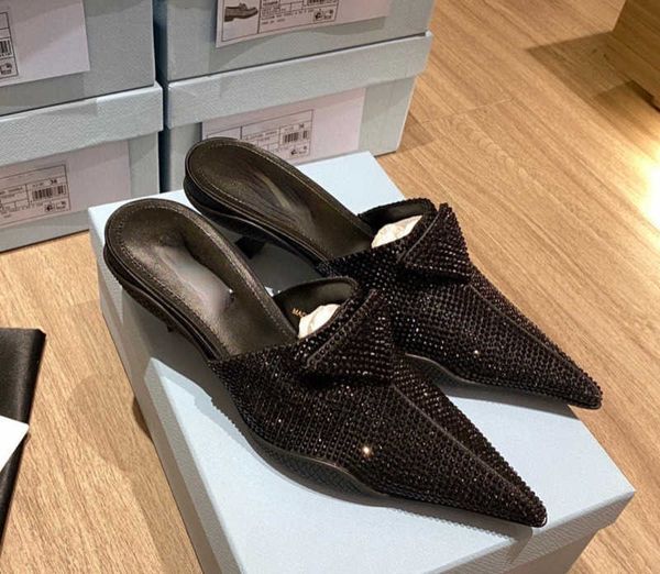 

brand casual sandals women's shoes 2023 spring new luxury full water diamond pointed thin heel slippers triangular buckle baotou sandal, Black