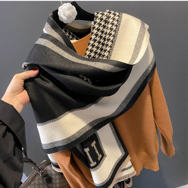 

designer shawl scarf cashmere scarf classic korean fashion letters houndstooth female winter thickened double-sided air conditioning shawl s, Blue;gray