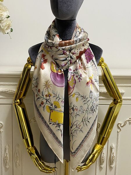 

women's square scarf scarves shawl 100% silk material beige print flowers pattern size 130cm - 130cm, Blue;gray