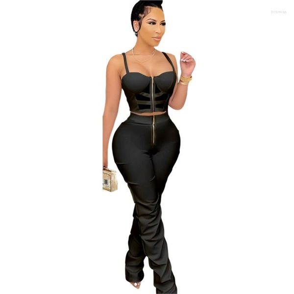 

women's two piece pants set fashion women suspender wrap chest zipper tank crinkle matching outfits solid 2 summer, White