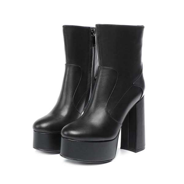

round toe high heel waterproof platform short boot side zipper large heel cow leather upper sheepskin lining classic comfortable high-end wo, Black