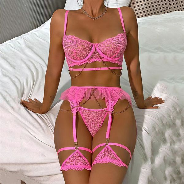 

bras sets womens panties underwear lace see through bra briefs garters underwears three piece suits, Red;black