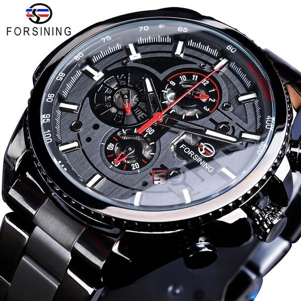 

wristwatches forsining three dial calendar stainless steel men mechanical automatic wrist watches brand luxury military sport male clock 230, Slivery;brown
