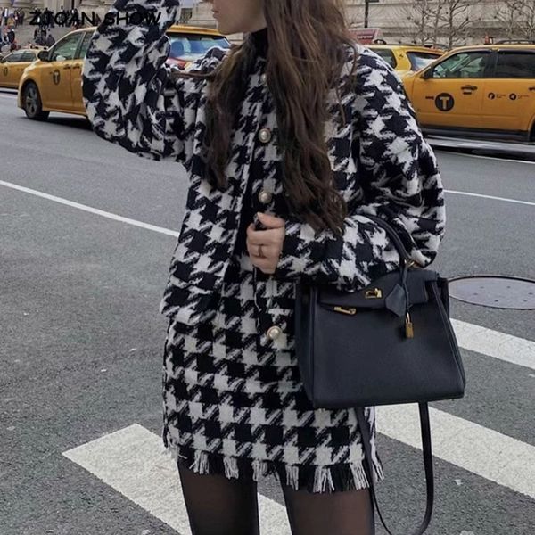 

two piece dress vintage sweet women pearl button black check gingham plaid blazer high waist mini short skirts long sleeve suits 2 pieces se, White