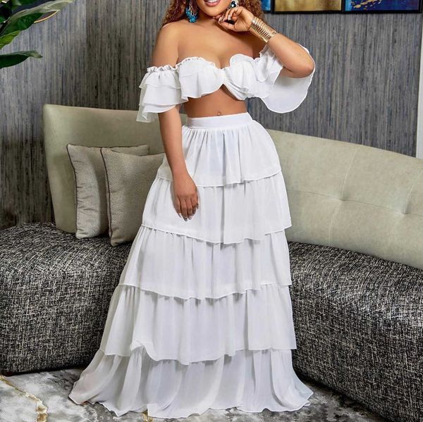 

two piece dress echoine summer elegant ruffle off shoulder slash crop ruffle long skirt white solid holidays clothing two piece set beach t2