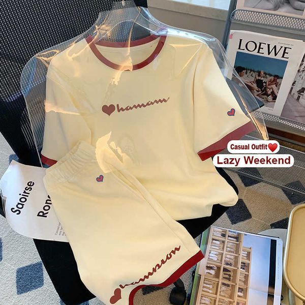 

two piece dress casual sports two peice sets womens summer 2022 new preppy style o-neck short sleeved t-shirts elastic waist shorts 2 piece, White