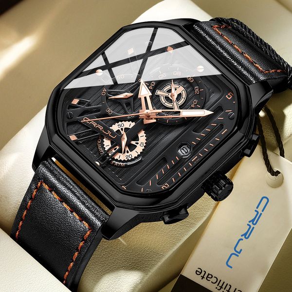 

wristwatches crrju fashion square dial leather mens watches luxury sport waterproof watch man chronograph quartz wristwatches hommebox 23011, Slivery;brown