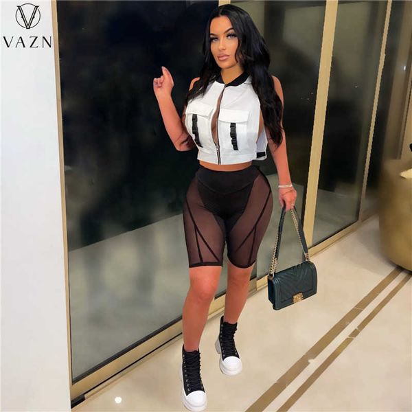 

two piece dress 2022 fashion new street style sets sleeveless zipper short elastic short pants pure color two piece sets t230113, White