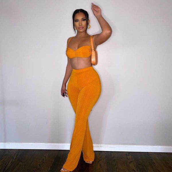 

two piece dress echoine solid lace up bra hight waist flare pants two piece set street summer skinny ribbed knit matching set party outfits, White