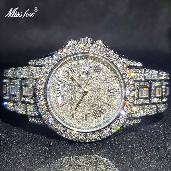 

wristwatches relogio masculino luxury missfox ice out diamond watch multifunction day date adjust calendar quartz watches for men dro 230113, Slivery;brown